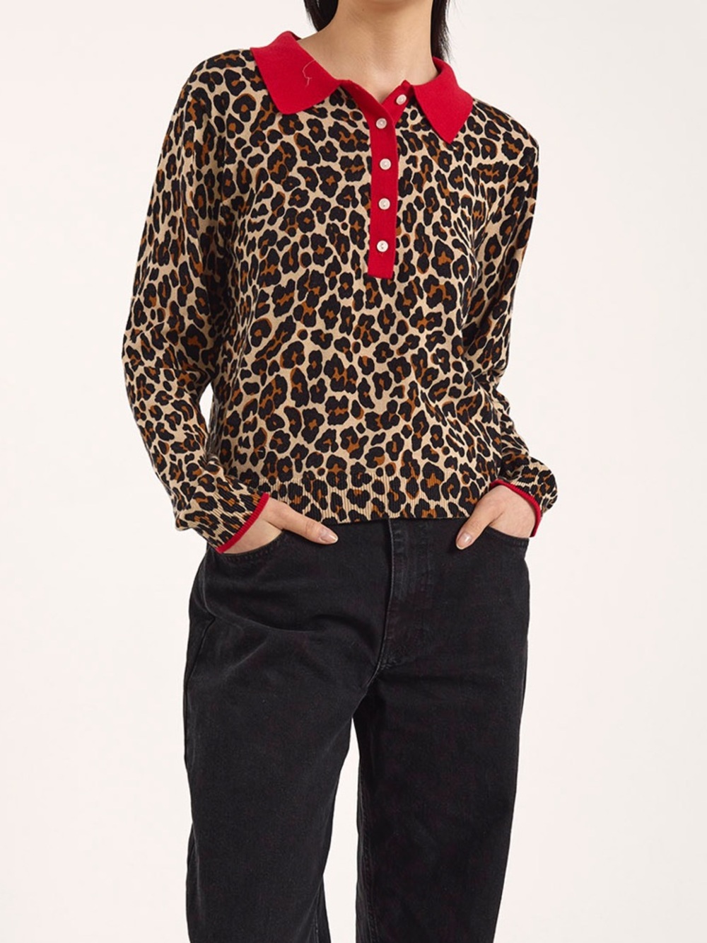 Leopard Print Polo Sweater with Red Trim - Picture 3 of 11